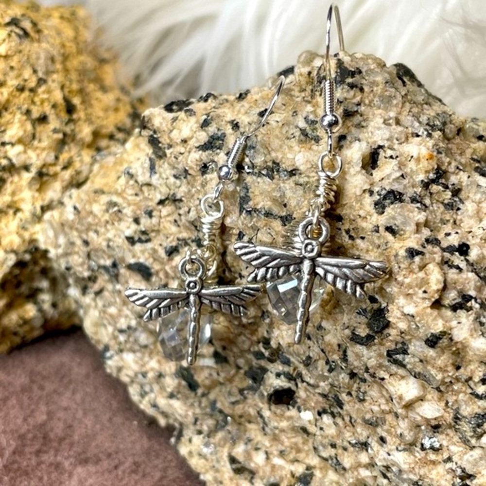 Handmade Silver Sparkling 
Crystal Dragonfly 
Earrings Boho Cottagecore - Picture 10 of 17